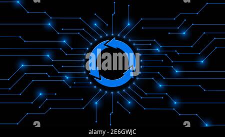 Update sign centered into information connecting lines - abstract cyber technology and automation concept - graphic elements in blue color Stock Photo