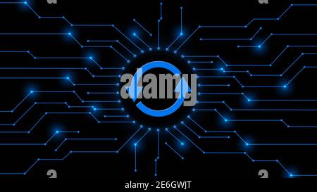 Update sign centered into information connecting lines - abstract cyber technology and automation concept - graphic elements in blue color Stock Photo