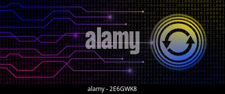 Update sign with information connecting lines on binary code background - Internet technology concept - Software Update Computer Program Stock Photo