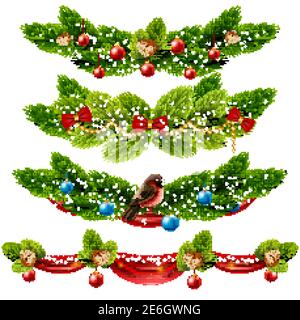 Christmas realistic borders set with pine tree and decorations isolated vector illustration Stock Vector
