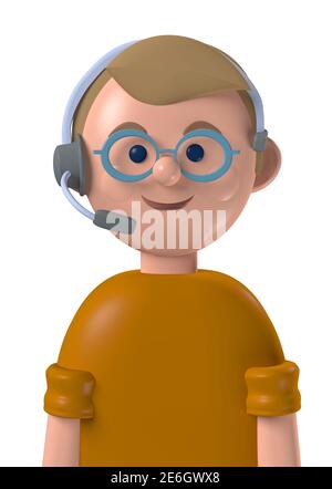 Cartoon character 3d avatar smiling caucasian professional customer service male worker isolated on white Stock Photo