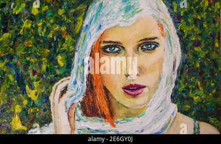 Portrait of a young woman in a white headscarf. Her eyes ... Original oil painting on canvas . Fine art. Beautiful . Brushstrokes and canvas textures Stock Photo