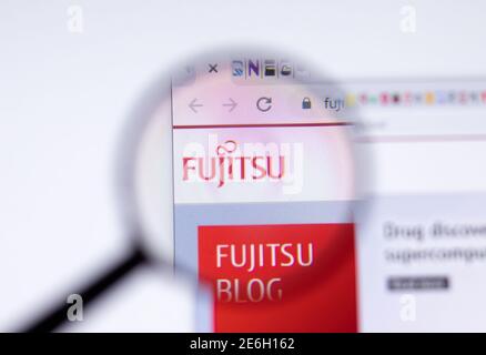 Saint Petersburg, Russia - 28 January 2021: Fujitsu website page with logo close-up, Illustrative Editorial Stock Photo