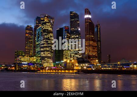 Business center Moscow-City at night in the winter of February 07, 2019. View of the popular tourist spot from the waterfront. Modern architectural ce Stock Photo