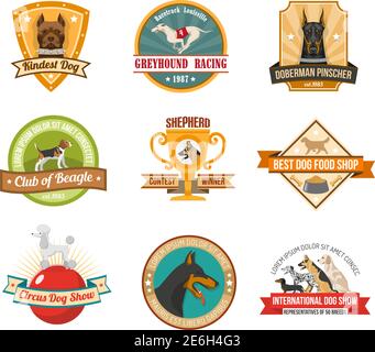 Dogs colored emblems set with pet award shields and cups isolated vector illustration Stock Vector