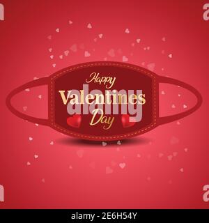 happy valentine's day poster red mask with red heart and golden lettering. covid-19 corona virus concept. vector illustration design Stock Vector