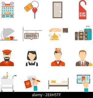 Hotel service flat icons set with different appliances isolated vector illustration Stock Vector