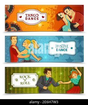 Tango hustle rock and roll dance 3 horizontal flat retro disco banners set abstract isolated vector illustration Stock Vector