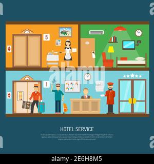 Hotel service concept with room cleaning and reception flat vector illustration Stock Vector
