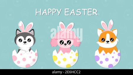 Happy Easter banner. Cute cartoon dogs hatching from easter eggs with pink rabbit ears. Vector cartoon illustration Stock Vector