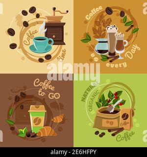 Natural organic coffee for daily consumption 4 flat icons composition square concept banner abstract isolated vector illustration Stock Vector