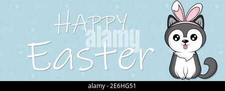 Happy Easter banner. Cute cartoon dog husky with pink rabbit ears is sitting. Vector cartoon illustration isolated on blue eggs pattern background. Stock Vector