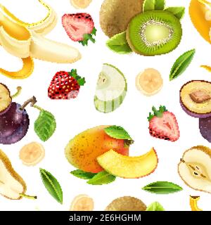 Realistic tropical fruits and  berries seamless tileable colorful pattern design for wrapping paper and textile vector illustration Stock Vector