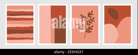 A set of four art print templates featuring different themes - stripes, geometric shapes, botanical, organic shapes. Modern style printable wall art, Stock Vector