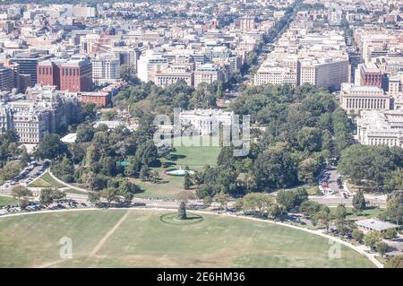 View from the George Washington Monument looking at the White House Washington DC views park grass pond fountain history historic tall buildings Stock Photo