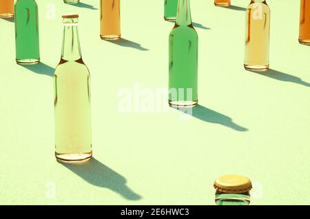 3d mockups of glass beer bottles with caps and without labels. Shadows on light green surface. Retro drink bottle concept. Stock Photo
