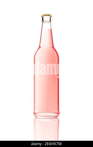3d model of one transparent glass bottle without label. Pink drink in beer bottle isolated on white. Alcoholic drinks and refreshment concept. Stock Photo