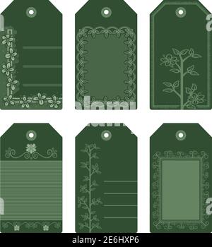 Six designs of green labels with floral ornaments. Stock Vector