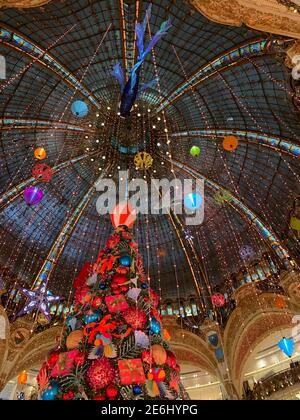Paris, France, Christmas Tree on Display in Atrium of French Department Store, Galeries Lafayette Stock Photo