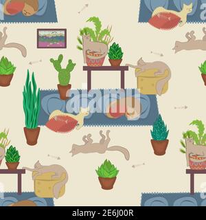 Funny cats sleep on the floor of the house seamless pattern Stock Vector