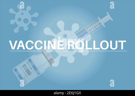 Vaccine rollout - COVID-19 vaccine bottle on an blue background with virus logo. Stock Vector