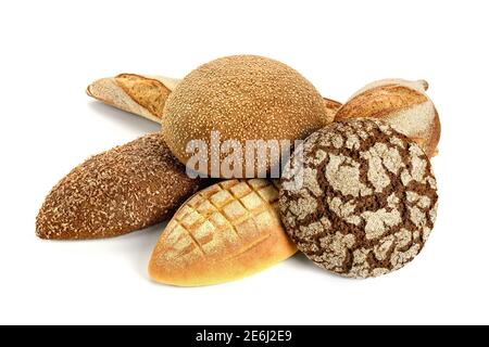 Different types of bread in on a white background. Stock Photo