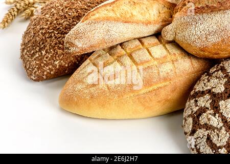 Different types of bread in on a white background. Stock Photo