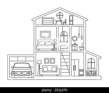 Illustration for coloring book - Cross section of cottage house with furniture, attic and car in garage. Inside paper house - contour black and white Stock Vector