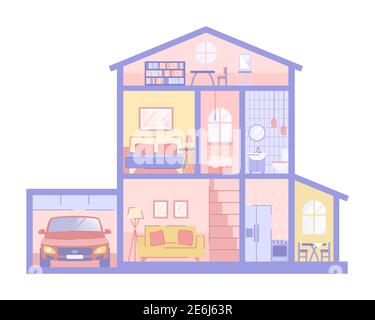 Dollhouse toy with two floors and attic - isolated vector kid illustration. Cross section of paper house with kitchen, bathroom and garage Stock Vector