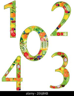 Numerals decorative zero one two three four fruits Stock Vector