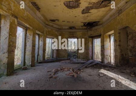 abandoned old hunting lodge Inside view Stock Photo