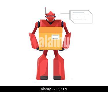 Robotic courier holding cardboard parcel box future technology. Robot delivery service or warehouse work concept. Automated AI smart droid logistic vector flat isolated eps illustration Stock Vector