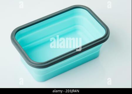 Perspective view of plastic lunch box isolated on white studio background Stock Photo