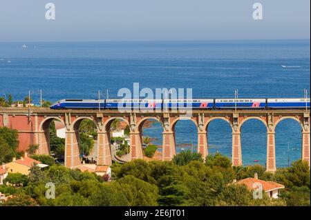 High speed train TGV on Viaduc d'Anthéor south of France. Var Stock Photo