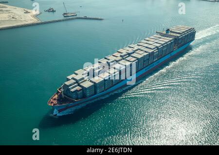 Aerial View of Cargo Container Ship in Dubai, UAE Stock Photo