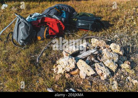 Camp fire rock circle in the mountains Stock Photo
