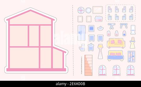 Cut and glue game - Design home of a dream. Big paper game with cottage house, set of furniture and many accessories Stock Vector
