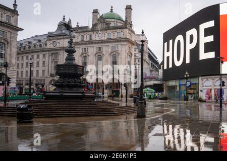 General view of a near deserted Piccadilly Circus, London, during England's third national lockdown to curb the spread of coronavirus. Picture date: Friday January 29, 2021. Stock Photo