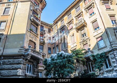 Rome, Italy - February 26, 2018: The spider palace. Abnormal snow falls in Rome. Snow on Rome for the first time in six years Stock Photo
