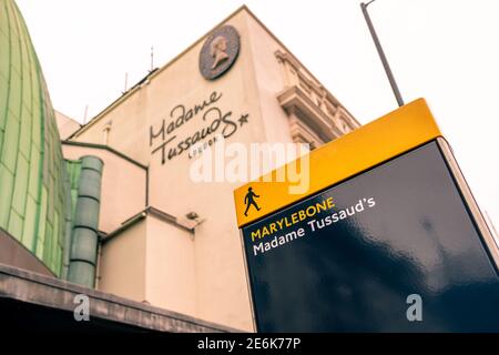 London- Madame Tussauds exterior signage- a wax museum and popular tourist attraction in Marylebone Stock Photo