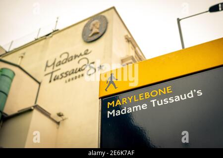 London- Madame Tussauds exterior signage- a wax museum and popular tourist attraction in Marylebone Stock Photo