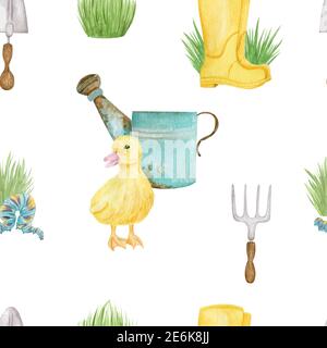 Watercolor farm theme endless background. Stock Photo