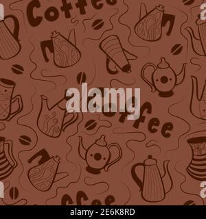 Seamless pattern with cute decorative hand drawn coffee pots. Vector illustration. Stock Vector