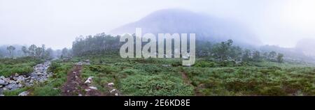 Trekking along the Vinddola creek with the heath wrapped in thick fog; Forsand, Norway - Panorama Stock Photo
