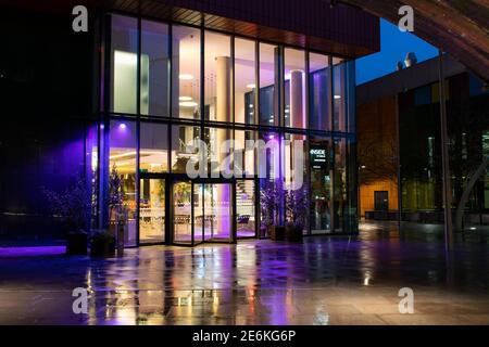 Innside hotel by Melia. Entrance and staircase on First Street during national lockdown in England with railway arch. Stock Photo