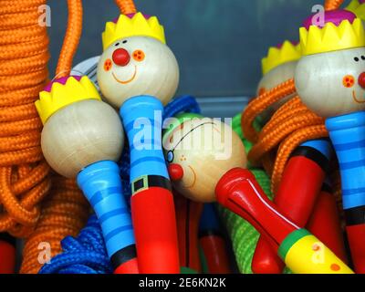 Wooden portuguese toys for children - skipping ropes in a shop for sale Stock Photo