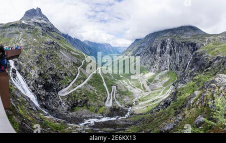 Panorama of the Trollstigen mountain pass with the Trolls Path Viewpoint in Norway Stock Photo