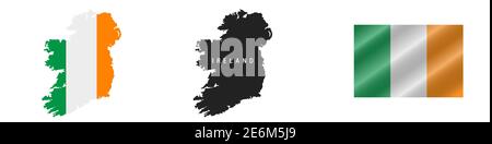 Ireland. Map with masked flag. Detailed silhouette. Waving flag. Vector illustration isolated on white. Stock Vector