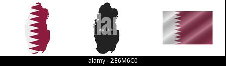 Qatar. Map with masked flag. Detailed silhouette. Waving flag. Vector illustration isolated on white. Stock Vector