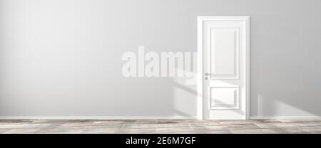 Interior scene: empty living room in a loft style building. Bright wall, stone floor and white door. Sunlight through large window. 3d render - web ba Stock Photo